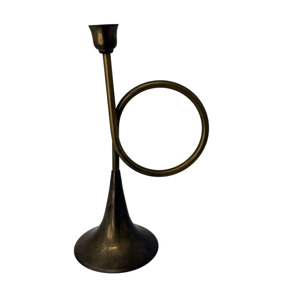 Vintage Brass‎ French Horn Taper Candle Holder Sculptural Mid Century Decor